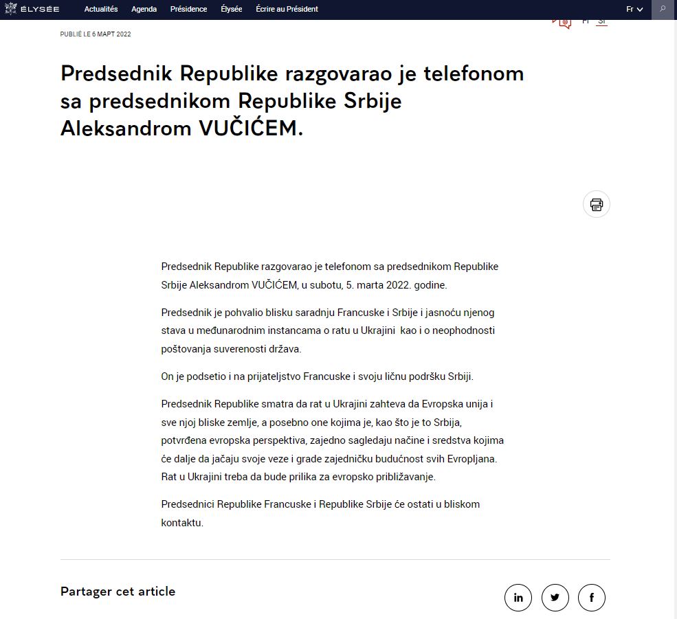 NA SAJTU "CHAMPS ELYSEE" SAOPŠTENJE I NA SRPSKOM! Veliko poštovanje Francuske prema predsedniku Vučiću (FOTO)